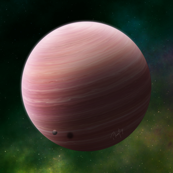 An example of my space art: a red gas giant over a green nebula